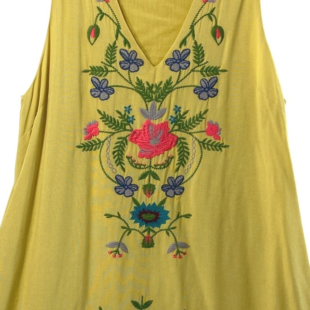 Umgee Dress Women Medium Yellow Floral Embroidered V-Neck Sleeveless Boho Shift - Picture 2 of 11